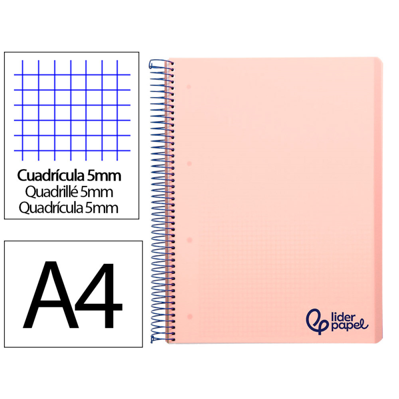 Cuaderno espiral liderpapel a4 micro wonder tapa plastico 120h 90gr cuadro 5mm 5 bandas 4 taladros color rosa