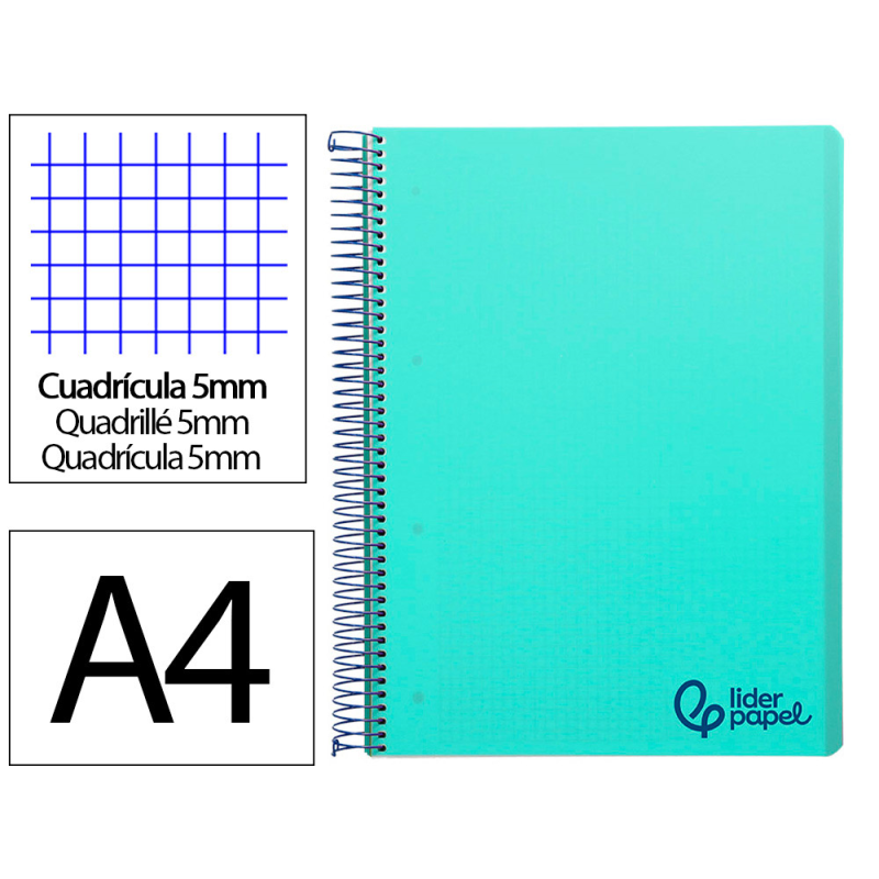 Cuaderno espiral liderpapel a4 micro wonder tapa plastico 120h 90gr cuadro 5mm 5 banda 4 taladro color verde turquesa