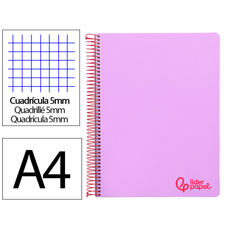 Cuaderno espiral liderpapel a4 micro wonder tapa plastico 120h 90gr cuadro 5mm 5 banda 4 taladros color lila