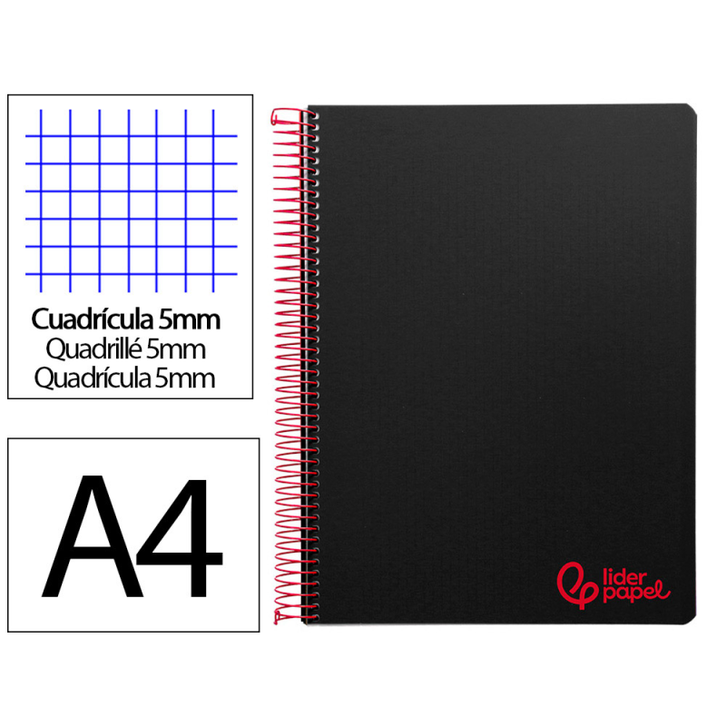 Cuaderno espiral liderpapel a4 micro wonder tapa plastico 120h 90 gr cuadro 5mm 5 bandas 4 taladros color negro