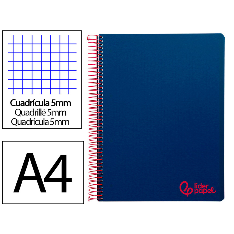 Cuaderno espiral liderpapel a4 micro wonder tapa plastico 120h 90gr cuadro 5mm 5 banda 4 taladros color azul marino
