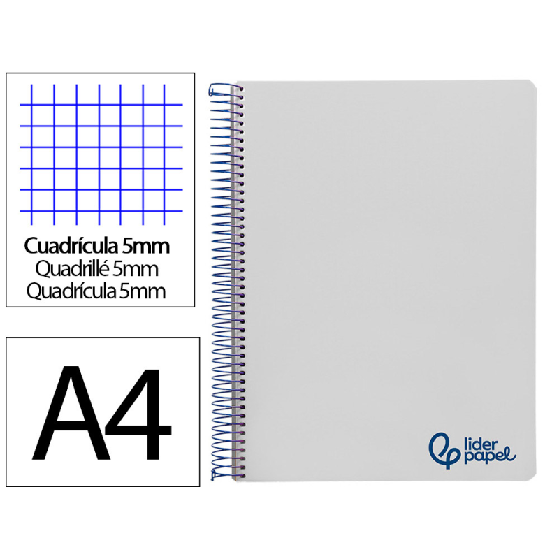 Cuaderno espiral liderpapel a4 micro wonder tapa plastico 120h 90gr cuadro 5mm 5 bandas 4 taladros color gris