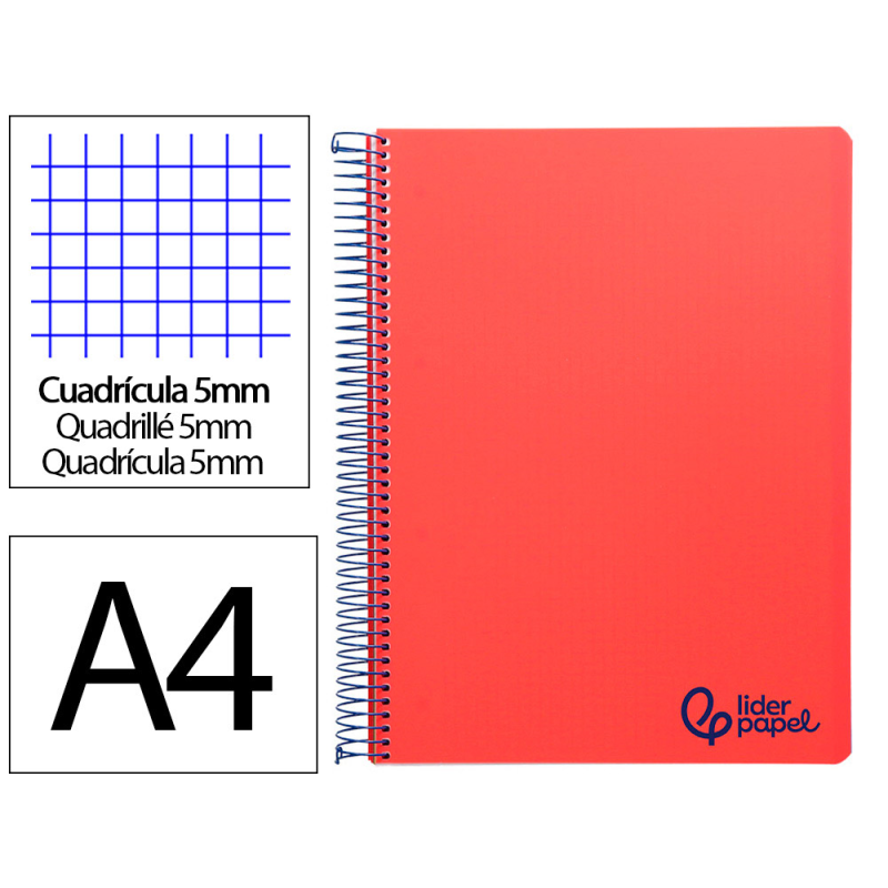 Cuaderno espiral liderpapel a4 micro wonder tapa plastico 120h 90gr cuadro 5mm 5 bandas 4 taladros color rojo
