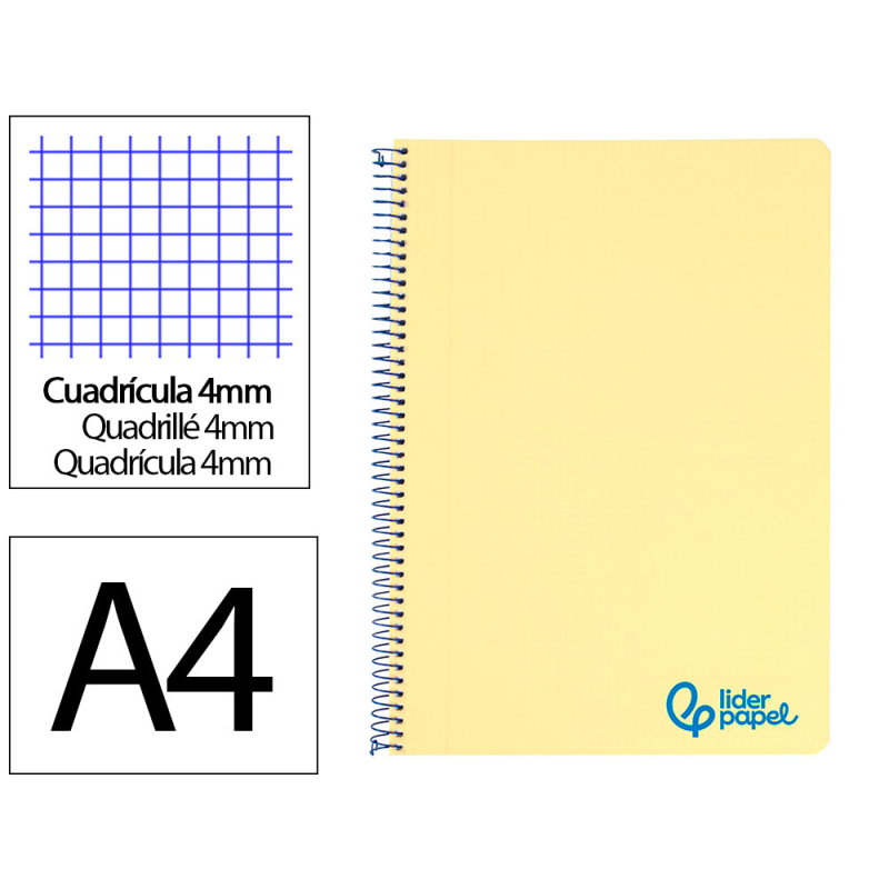 Cuaderno espiral liderpapel a4 wonder tapa plastico 80h 90gr cuadro 4mm con margen color amarillo
