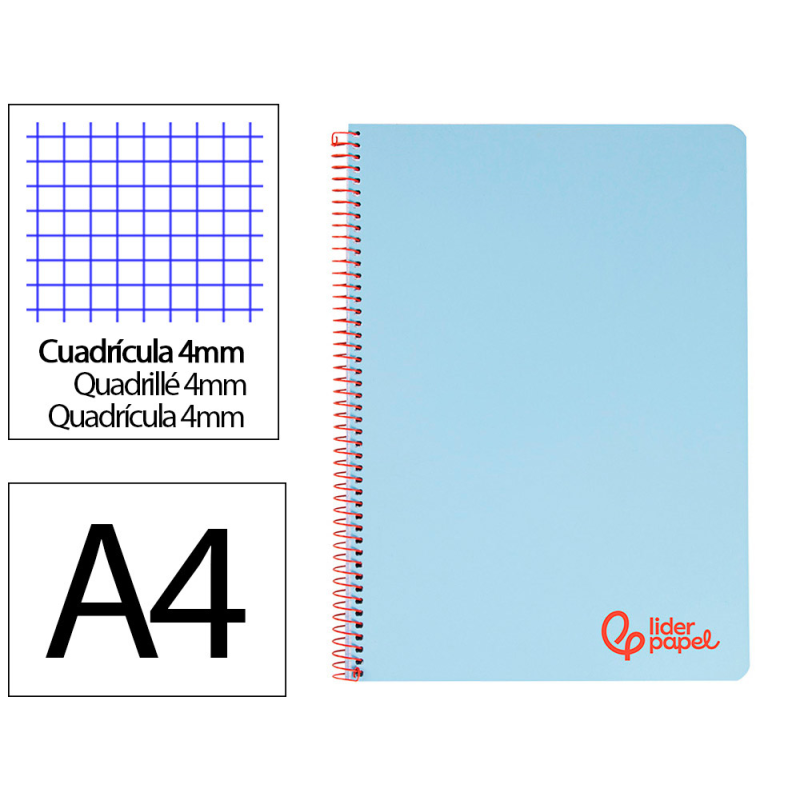 Cuaderno espiral liderpapel a4 wonder tapa plastico 80h 90gr cuadro 4mm con margen color azul