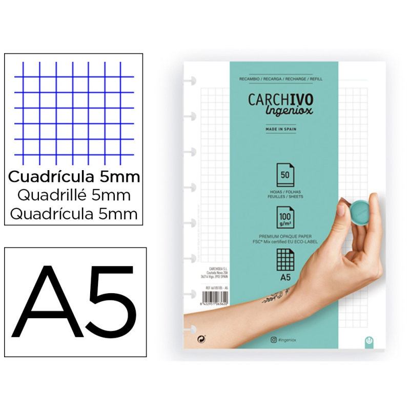Recambio carchivo para cuaderno ingeniox din a5 50 hojas cuadricula