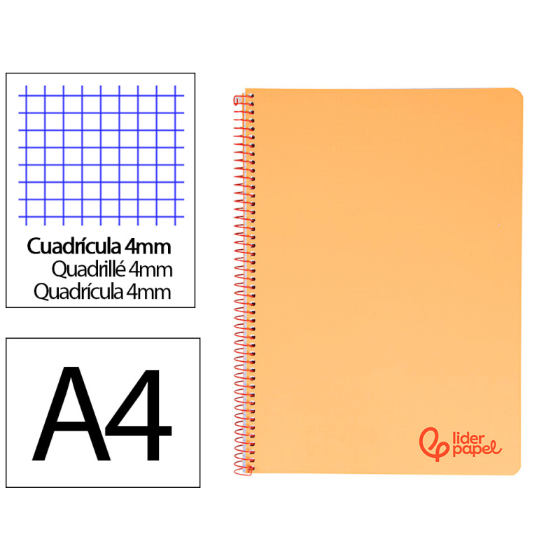 Cuaderno espiral liderpapel a4 wonder tapa plastico 80h 90gr cuadro 4mm con margen color naranja