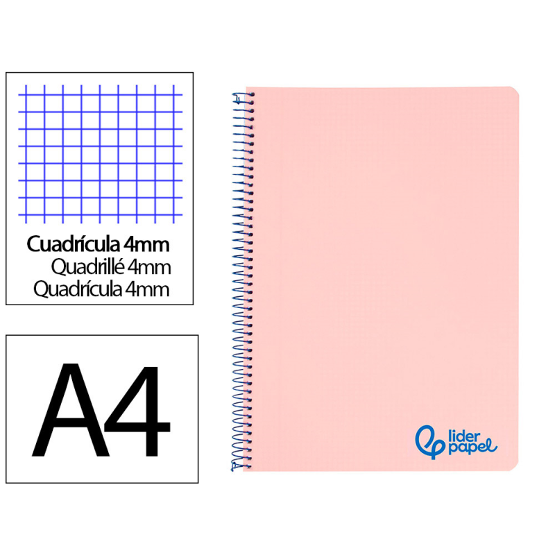 Cuaderno espiral liderpapel a4 wonder tapa plastico 80h 90gr cuadro 4mm con margen color rosa
