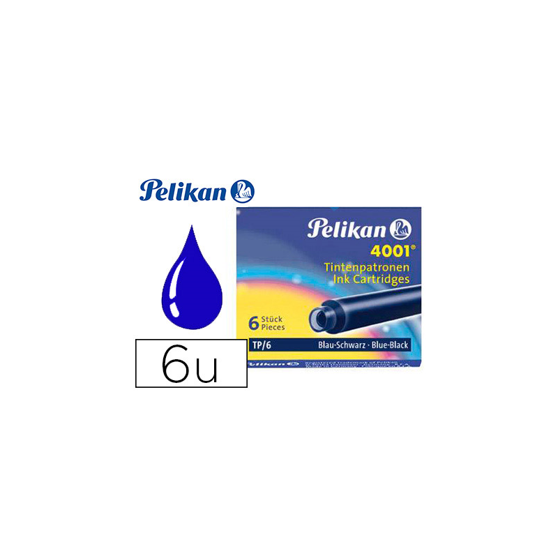 Tinta estilografica pelikan tp6 azul/negro caja de 6 cartuchos