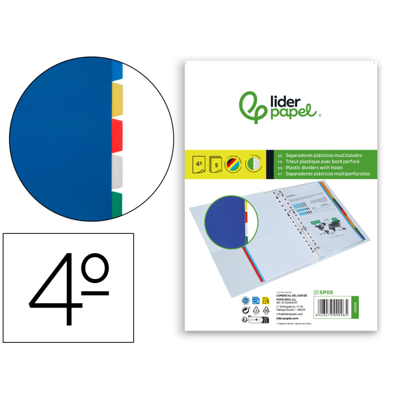 Separador liderpapel plastico juego de 5 separadores cuarto 11 taladros