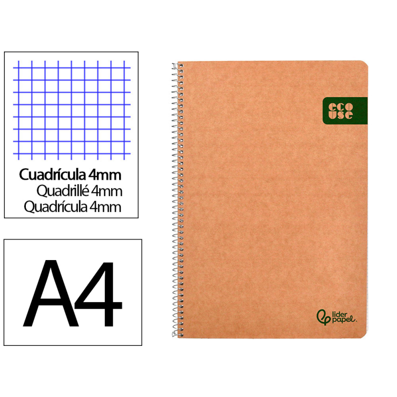 Cuaderno espiral liderpapel a4 ecouse tapa cartulina kraft 80h papel reciclado 80gr cuadro 4mm con margen