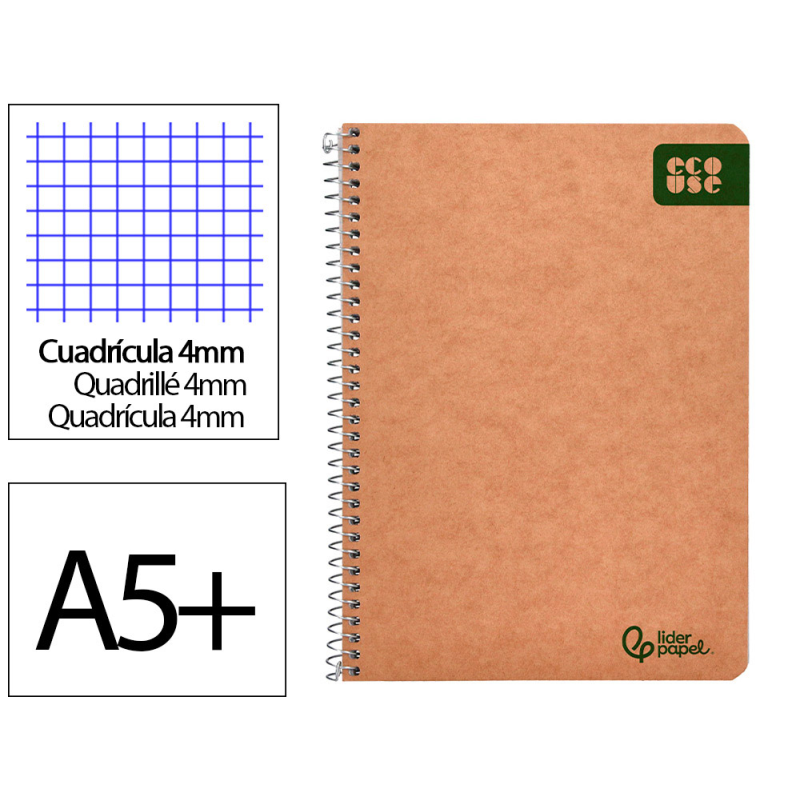 Cuaderno espiral liderpapel a5 ecouse tapa cartulina kraft 80h papel reciclado 80gr cuadro 4mm