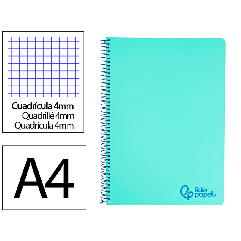 Cuaderno espiral liderpapel a4 wonder tapa plastico 80h 90gr cuadro 4mm con margen color verde pastel
