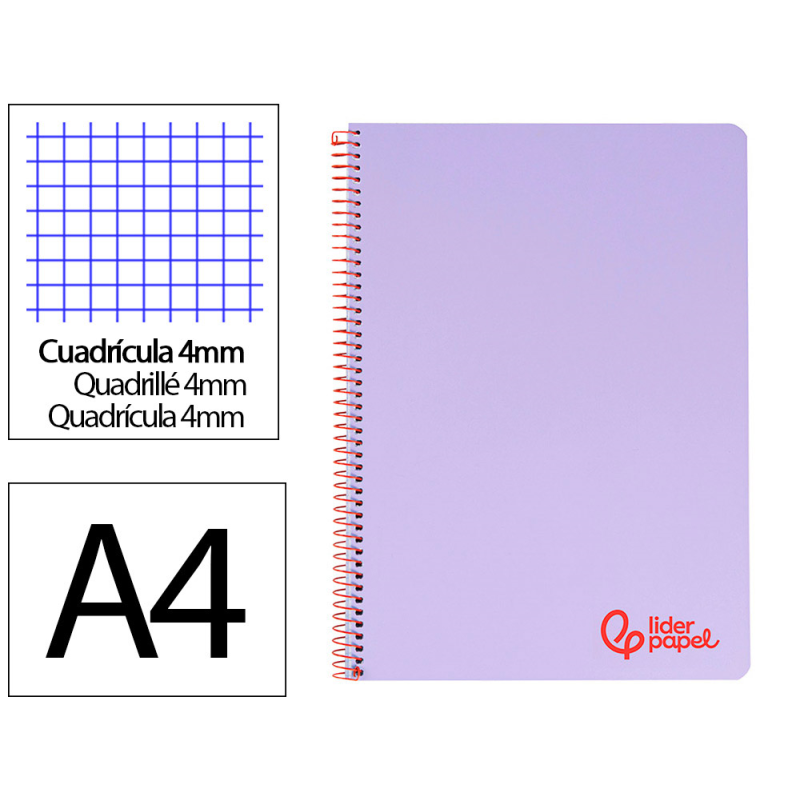 Cuaderno espiral liderpapel a4 wonder tapa plastico 80h 90gr cuadro 4mm con margen color violeta