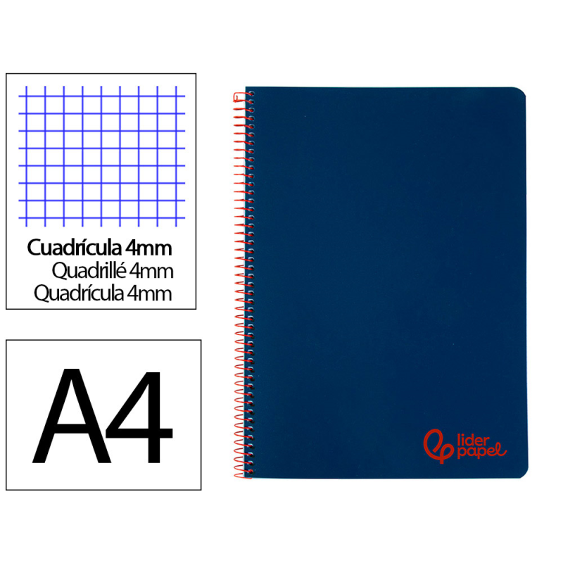 Cuaderno espiral liderpapel a4 wonder tapa plastico 80h 90gr cuadro 4mm con margen color azul marino