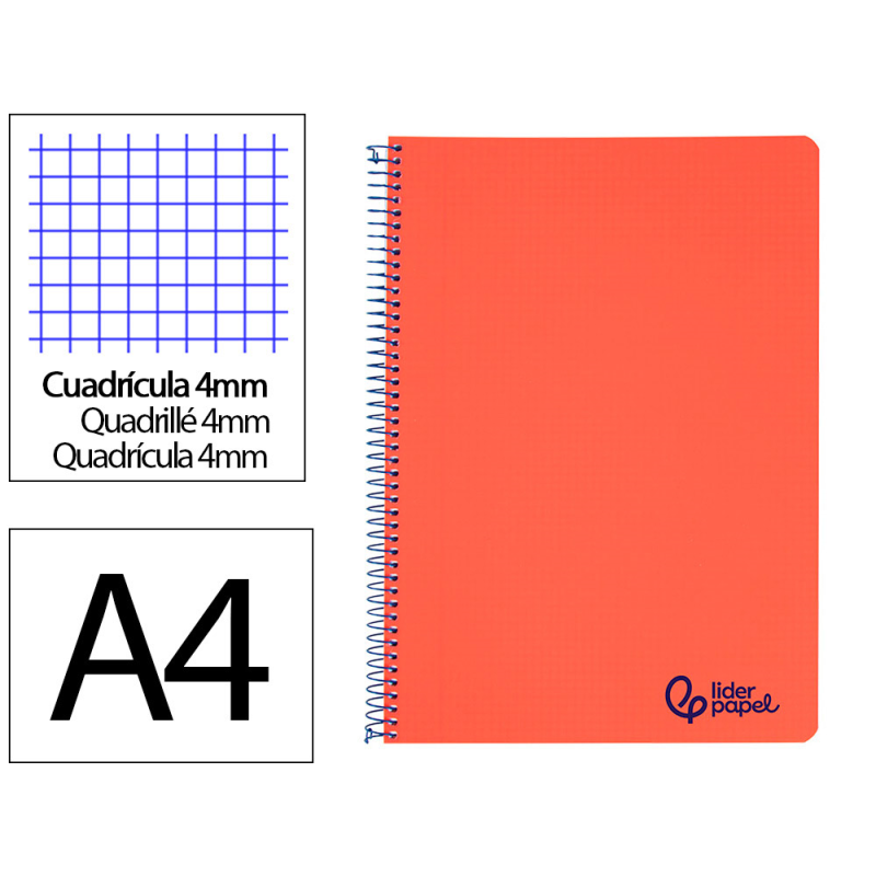 Cuaderno espiral liderpapel a4 wonder tapa plastico 80h 90gr cuadro 4mm con margen color rojo
