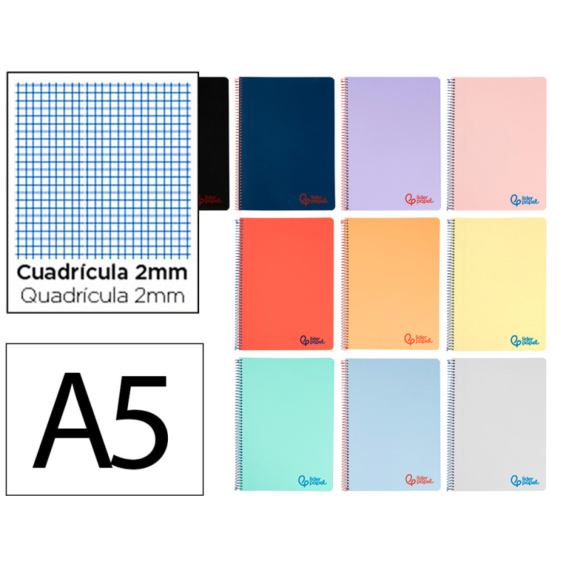Cuaderno espiral liderpapel a5 wonder tapa plastico 80h 90g milimetrado 2mm colores surtidos