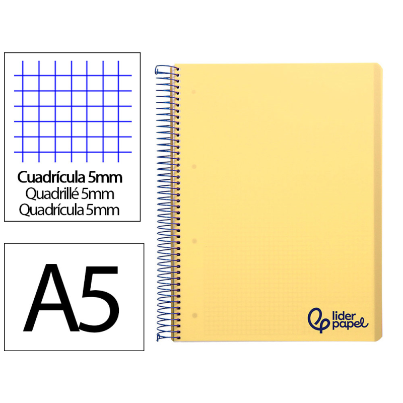 Cuaderno espiral liderpapel a5 micro wonder tapa plastico 120h 90gr cuadro 5mm 5 bandas 6 taladros color amarillo