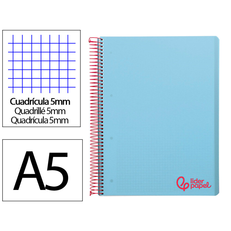 Cuaderno espiral liderpapel a5 micro wonder tapa plastico 120h 90gr cuadro 5mm 5 bandas 6 taladros color celeste