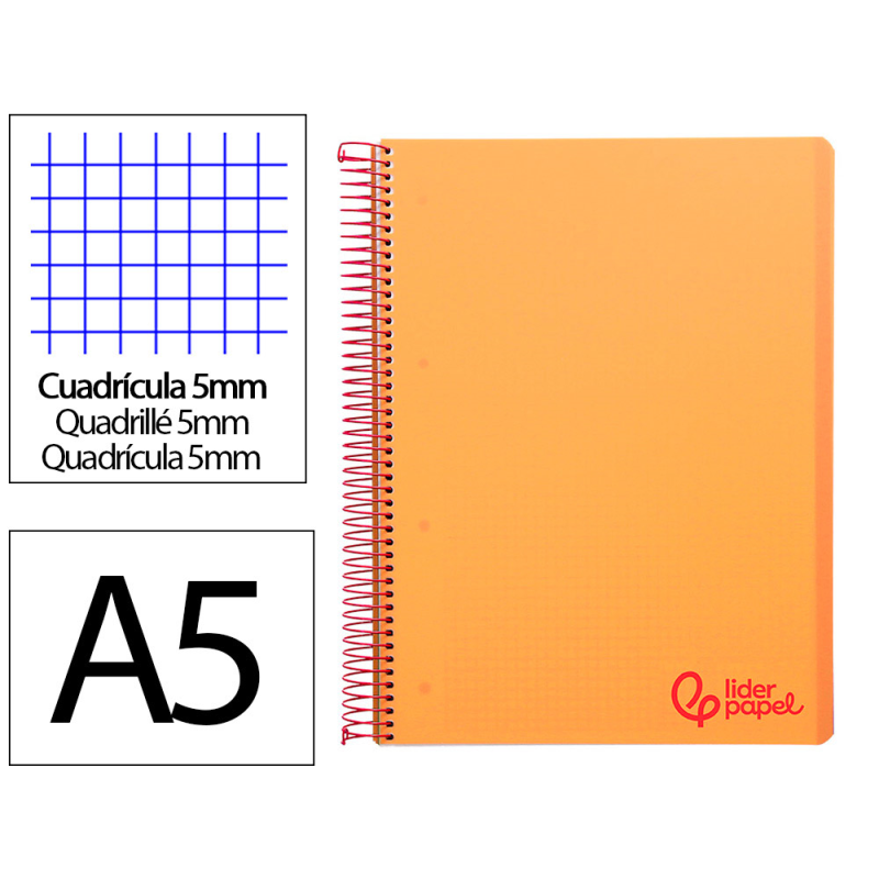 Cuaderno espiral liderpapel a5 micro wonder tapa plastico 120h 90gr cuadro 5mm 5 bandas 6 taladros color naranja