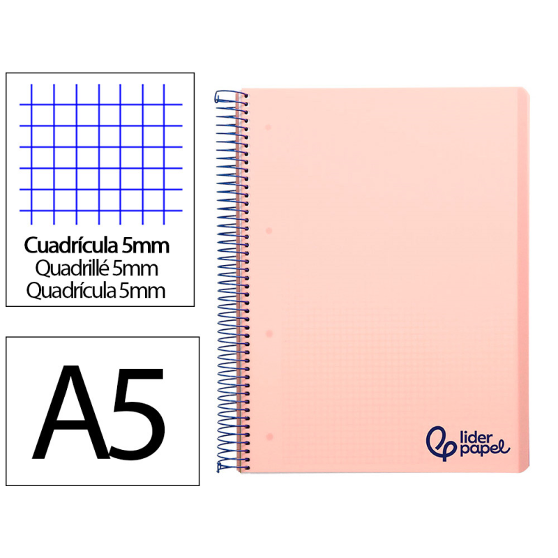 Cuaderno espiral liderpapel a5 micro wonder tapa plastico 120h 90gr cuadro 5mm 5 bandas 6 taladros color rosa