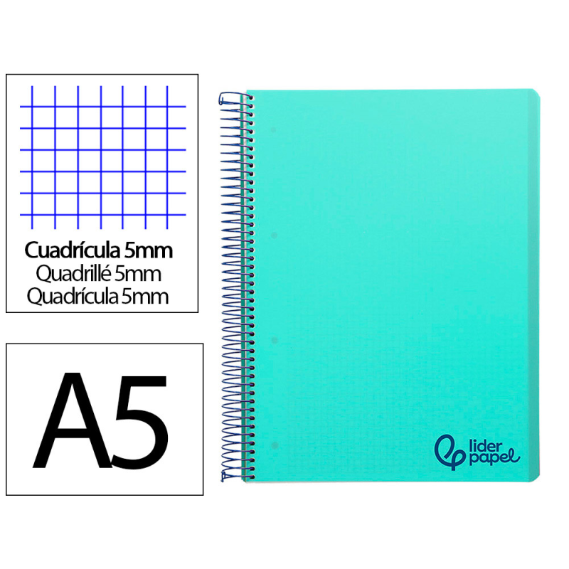 Cuaderno espiral liderpapel a5 micro wonder tapa plastico 120h 90gr cuadro 5mm 5 bandas 6 taladro color verde turquesa