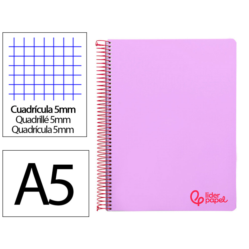 Cuaderno espiral liderpapel a5 micro wonder tapa plastico 120h 90gr cuadro 5mm 5 bandas 6 taladros color violeta