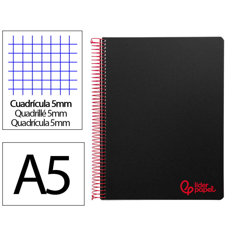 Cuaderno espiral liderpapel a5 micro wonder tapa plastico 120h 90gr cuadro 5mm 5 bandas 6 taladros color negro