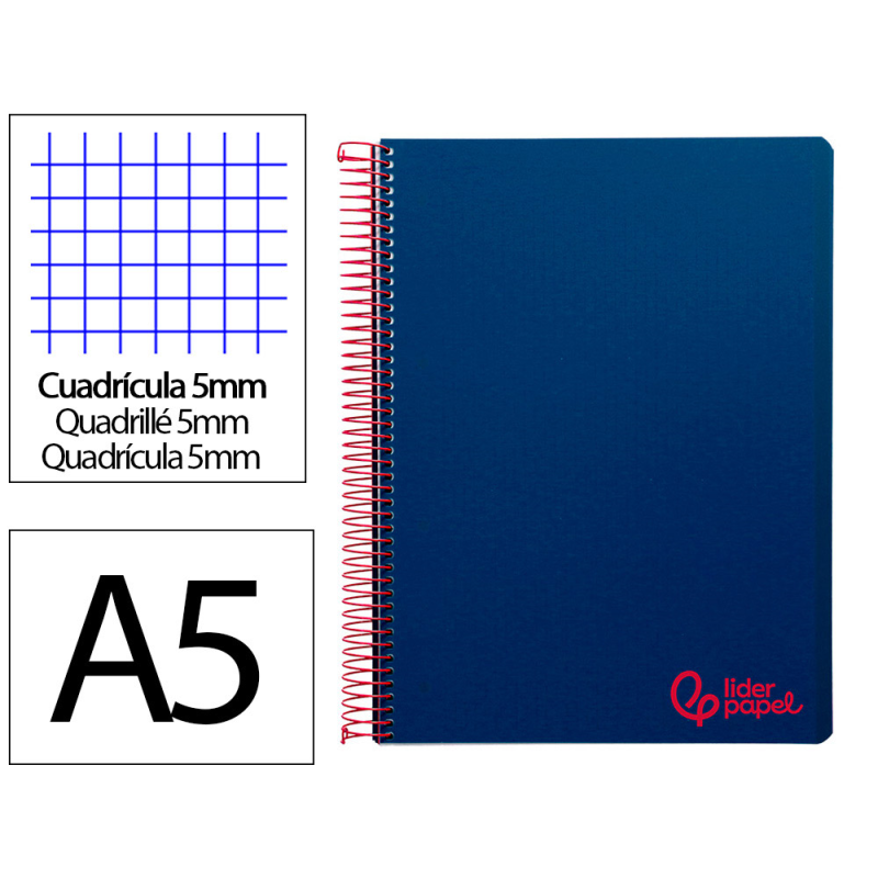 Cuaderno espiral liderpapel a5 micro wonder tapa plastico 120h 90gr cuadro 5mm 5 bandas 6 taladros color azul marino