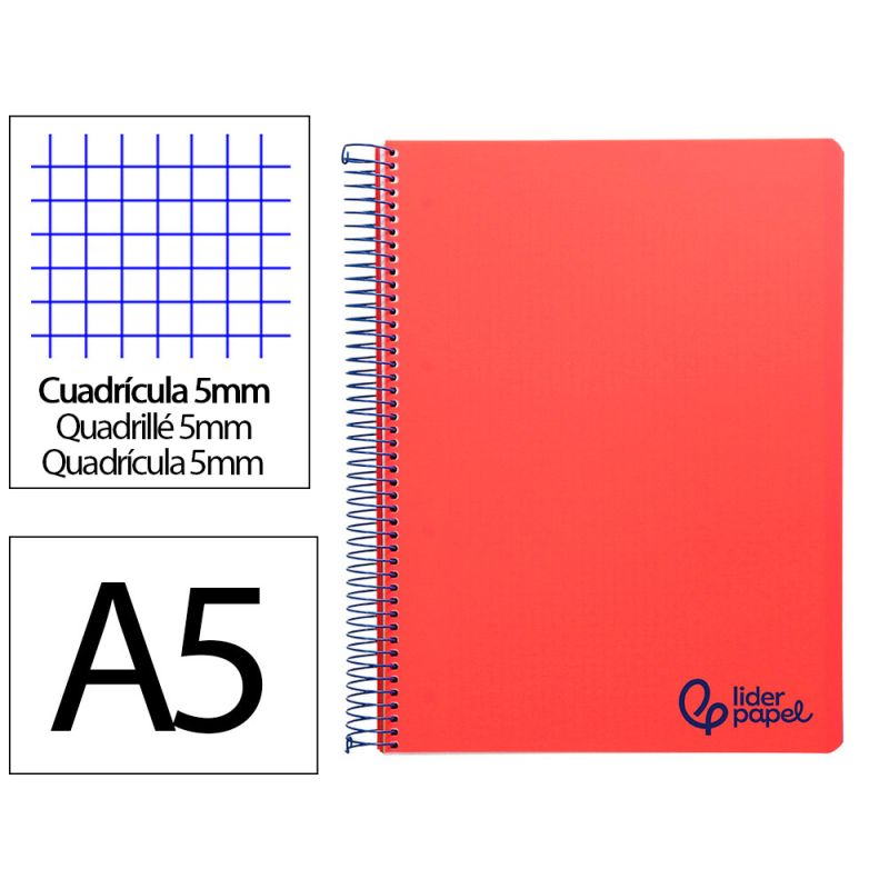 Cuaderno espiral liderpapel a5 micro wonder tapa plastico 120h 90gr cuadro 5mm 5 bandas 6 taladros color rojo
