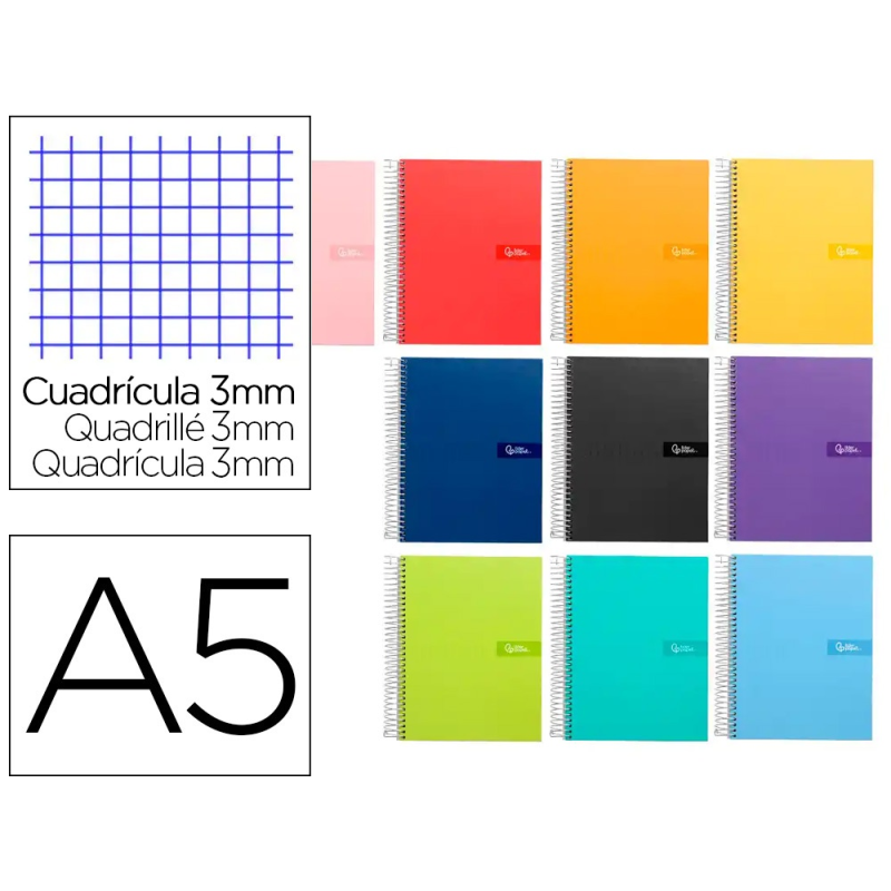 Cuaderno espiral liderpapel a5 crafty tapa forrada 80h 90gr cuadro 3mm con margen colores surtidos