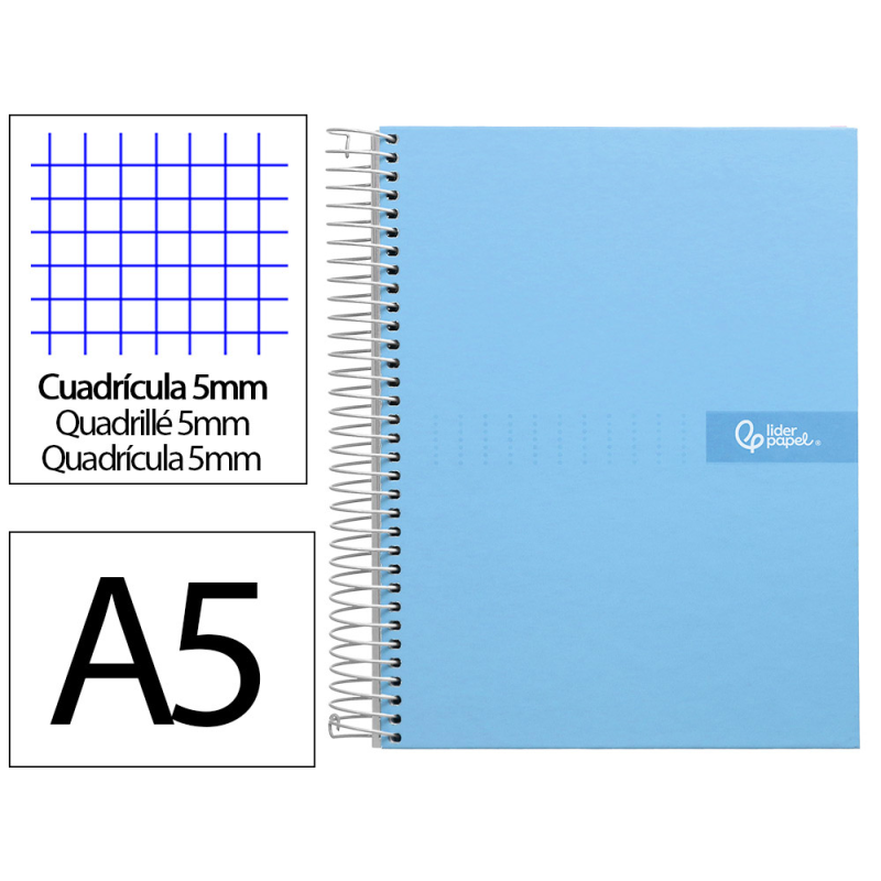 Cuaderno espiral liderpapel a5 micro crafty tapa forrada 120h 90gr cuadro 5mm 5 bandas 6 taladros color celeste
