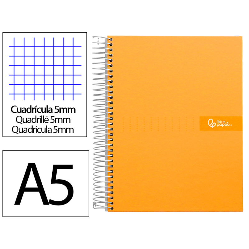 Cuaderno espiral liderpapel a5 micro crafty tapa forrada 120h 90gr cuadro 5mm 5 bandas 6 taladros color naranja