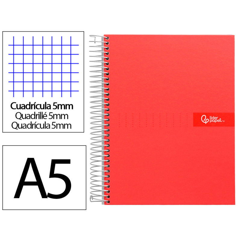 Cuaderno espiral liderpapel a5 micro crafty tapa forrada 120h 90gr cuadro 5mm 5 bandas 6 taladros color rojo