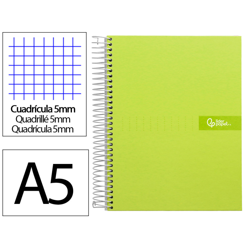 Cuaderno espiral liderpapel a5 micro crafty tapa forrada 120h 90gr cuadro 5mm 5 bandas 6 taladros color verde