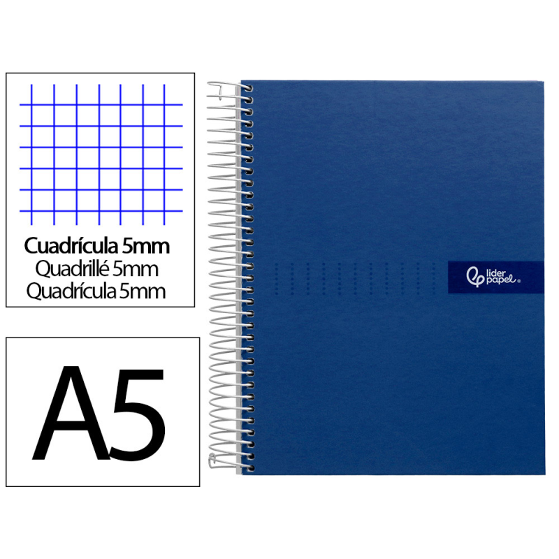 Cuaderno espiral liderpapel a5 micro crafty tapa forrada 120h 90gr cuadro 5mm 5 bandas 6 taladros color azul