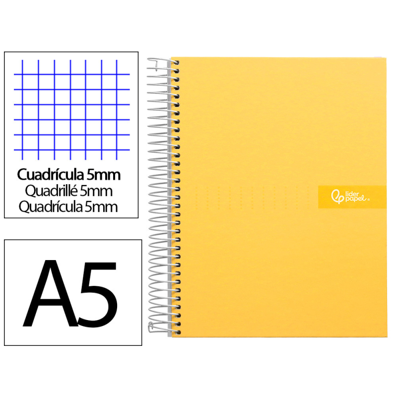 Cuaderno espiral liderpapel a5 micro crafty tapa forrada 120h 90gr cuadro 5mm 5 bandas 6 taladros color amarillo