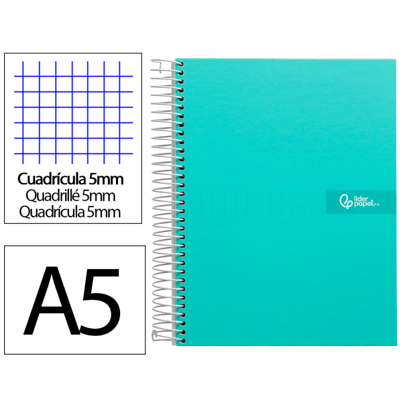 Cuaderno espiral liderpapel a5 micro crafty tapa forrada 120h 90gr cuadro 5mm 5 bandas 6 taladros color turquesa