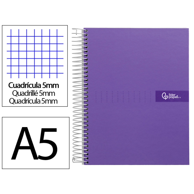 Cuaderno espiral liderpapel a5 micro crafty tapa forrada 120h 90gr cuadro 5mm 5 bandas 6 taladros color violeta