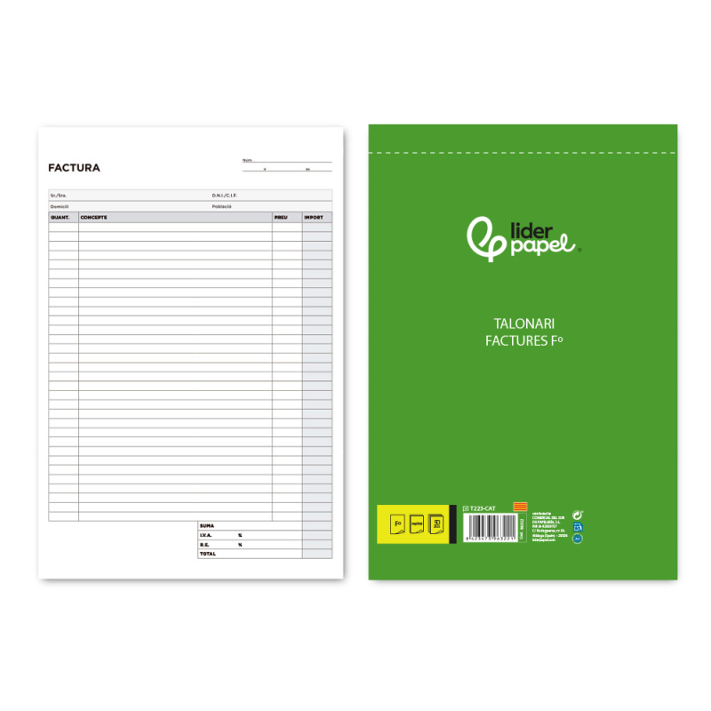 Talonario liderpapel facturas folio original y copia t223 con i.v.a. texto en catalan