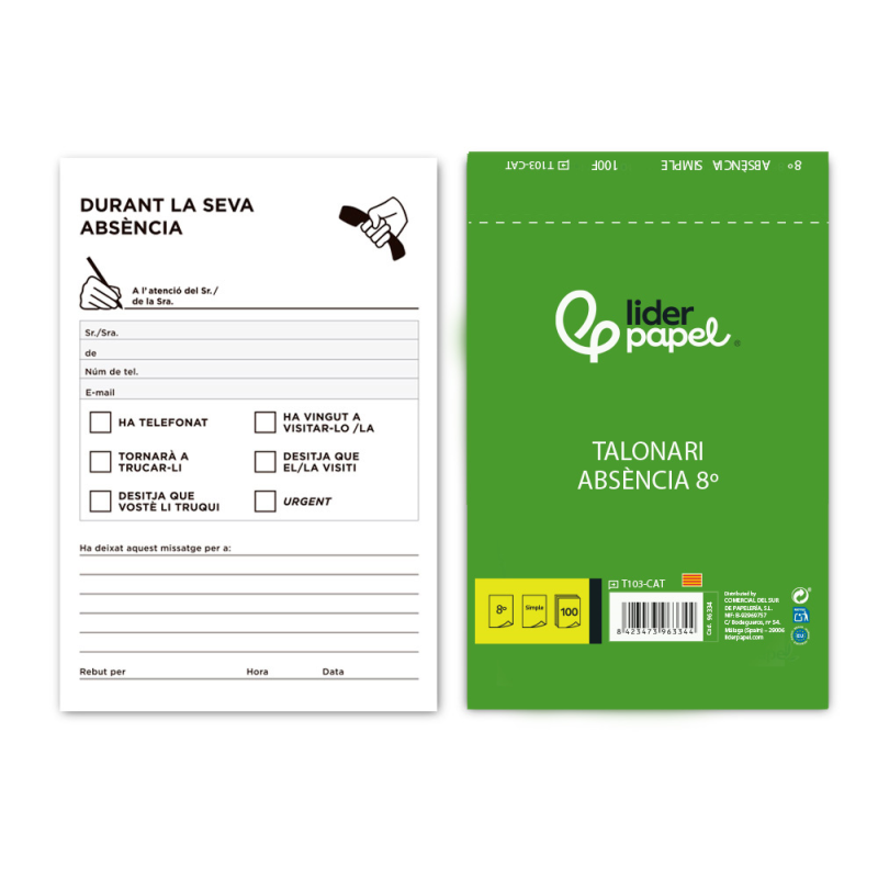 Talonario liderpapel ausentes octavo original t103 texto en catalan