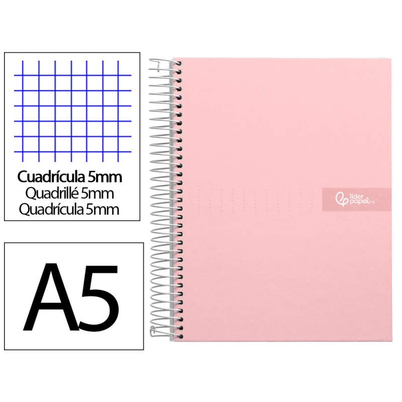 Cuaderno espiral liderpapel a5 micro crafty tapa forrada 120h 90gr cuadro 5mm 5 bandas 6 taladros color rosa