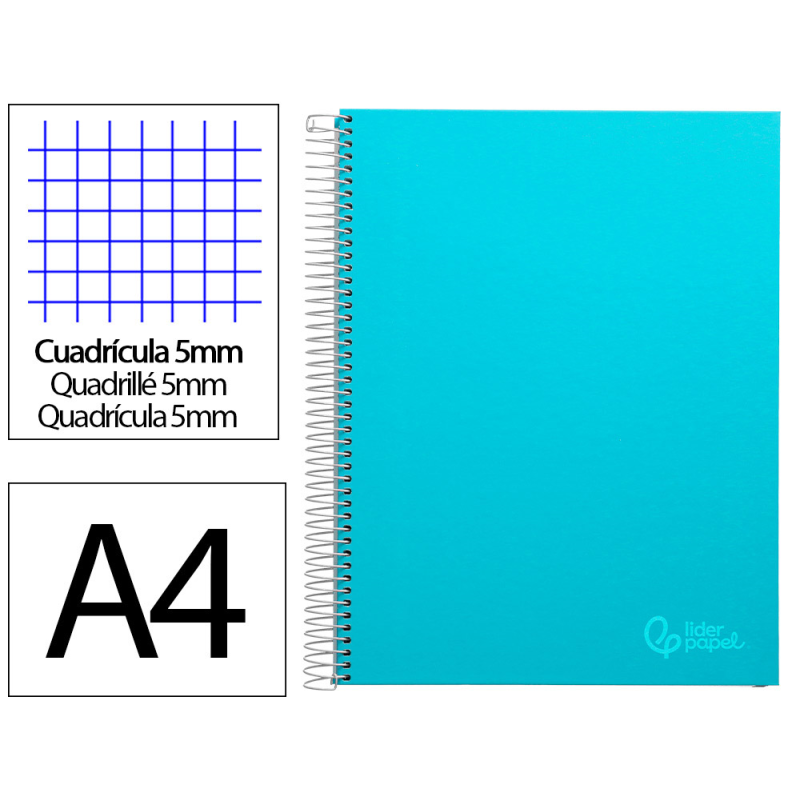 Cuaderno espiral liderpapel a4 micro jolly tapa forrada 140h 75gr cuadro 5mm 5 bandas 4 taladros color celeste