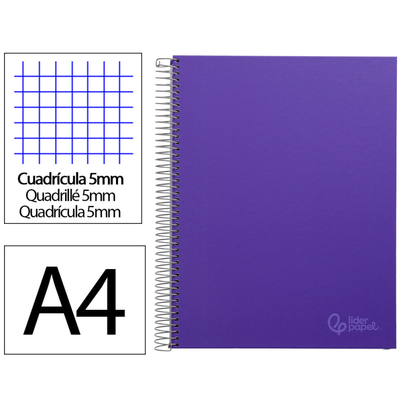 Cuaderno espiral liderpapel a4 micro jolly tapa forrada 140h 75gr cuadro 5mm 5 bandas 4 taladros color lila