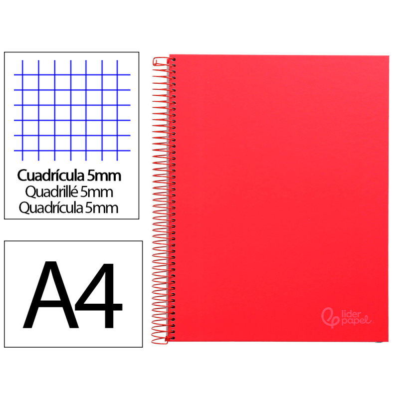 Cuaderno espiral liderpapel a4 micro jolly tapa forrada 140h 75gr cuadro 5mm 5 bandas 4 taladros color rojo