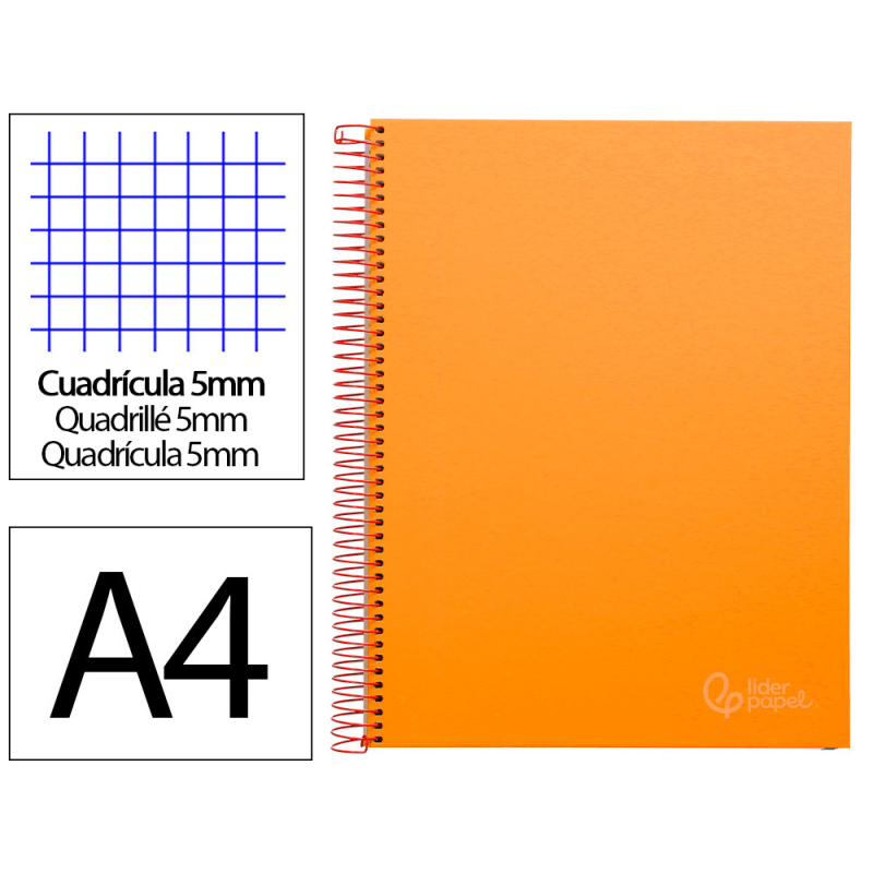 Cuaderno espiral liderpapel a4 micro jolly tapa forrada 140h 75gr cuadro 5mm 5 bandas 4 taladros color naranja