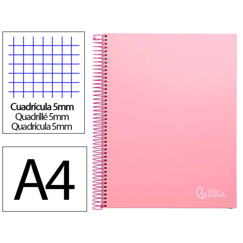 Cuaderno espiral liderpapel a4 micro jolly tapa forrada 140h 75gr cuadro 5mm 5 bandas 4 taladros color rosa