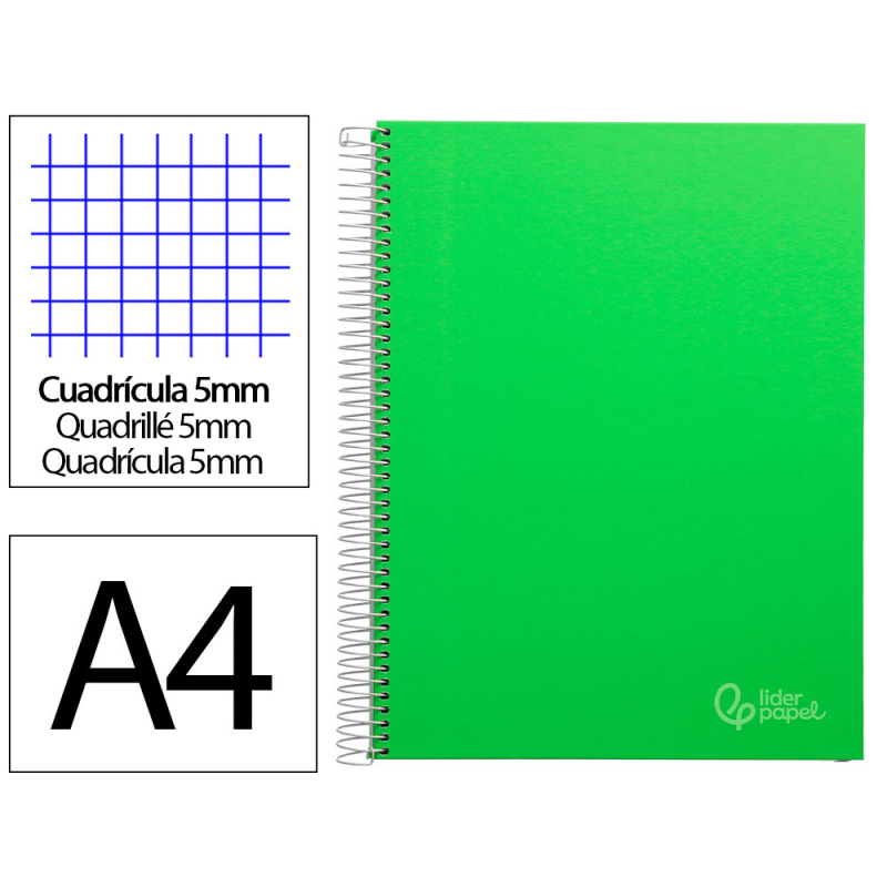 Cuaderno espiral liderpapel a4 micro jolly tapa forrada 140h 75gr cuadro 5mm 5 bandas 4 taladros color verde