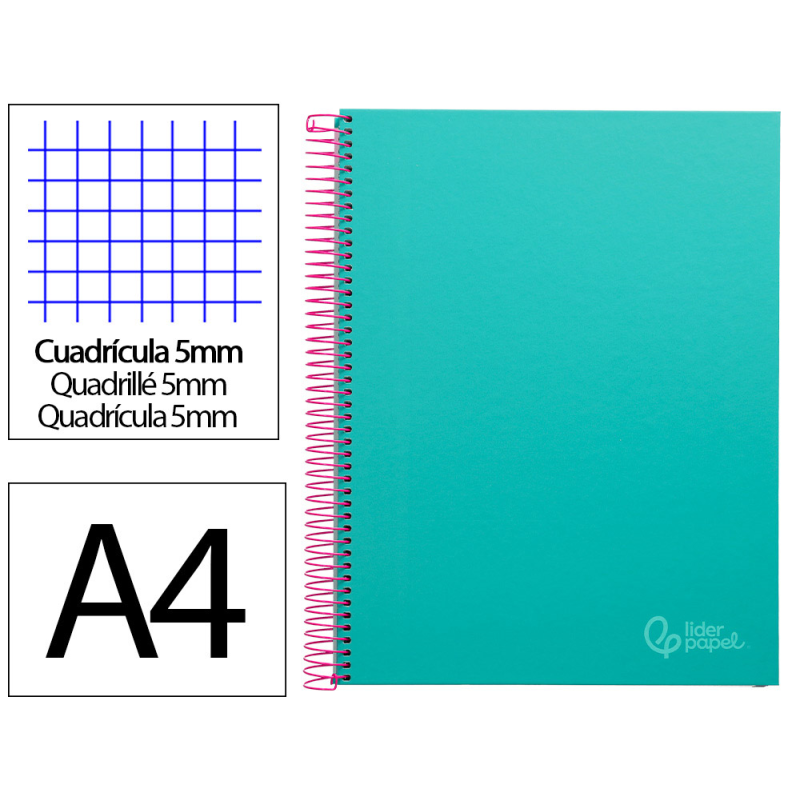 Cuaderno espiral liderpapel a4 micro jolly tapa forrada 140h 75gr cuadro 5mm 5 bandas 4 taladros color turquesa