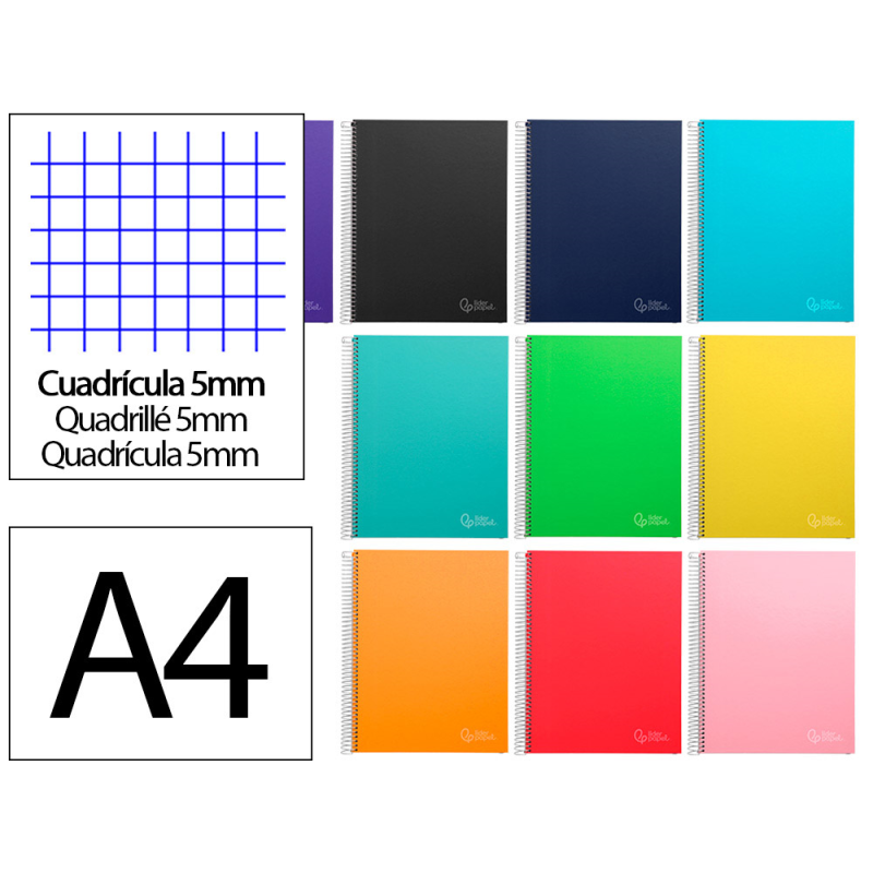 Cuaderno espiral liderpapel a4 micro jolly tapa forrada 140h 75gr cuadro 5mm 5 bandas 4 taladros colores surtidos